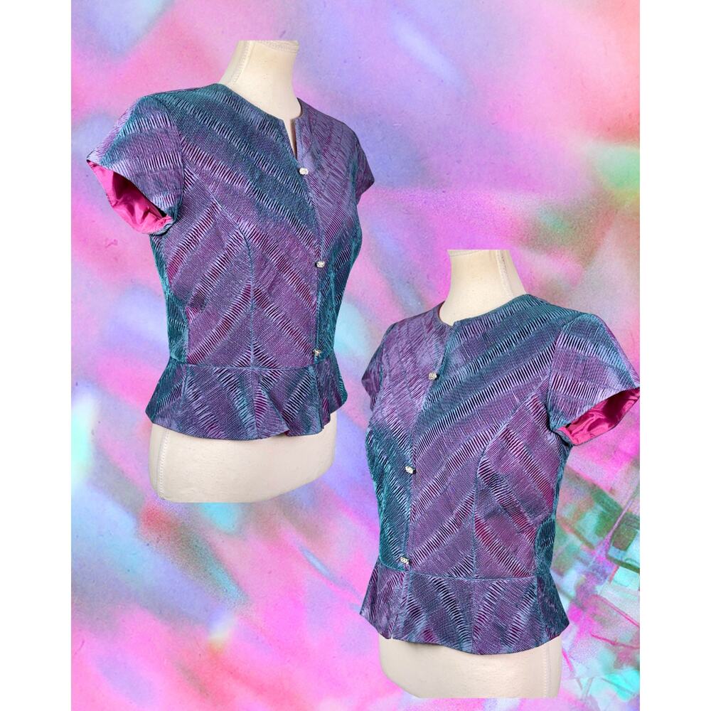 Vintage 90s Flores & Flores Purple Magenta Crop Peplum Folded Pleat Blouse 8 - Picture 2 of 4